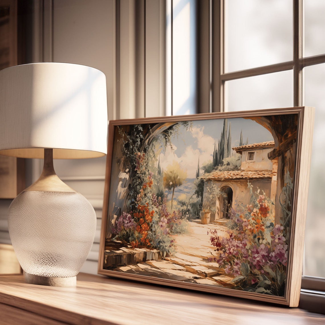 Mediterranean Villa Courtyard Stone Arch Cypress Oil Painting Poster - Image 3