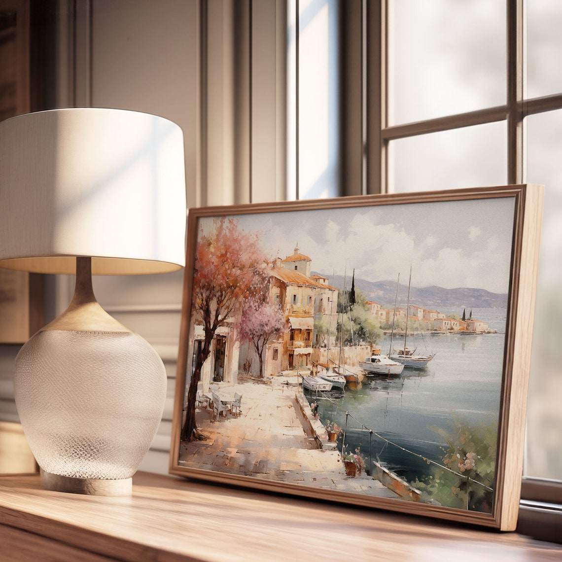 Seaside Harbor Village Sailboats Blooming Trees Waterfront Poster - Image 3