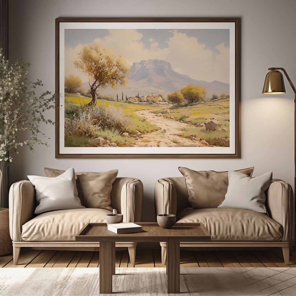 Rural Sunlit Country Farmhouse Golden Field Mountain View Poster - Image 2