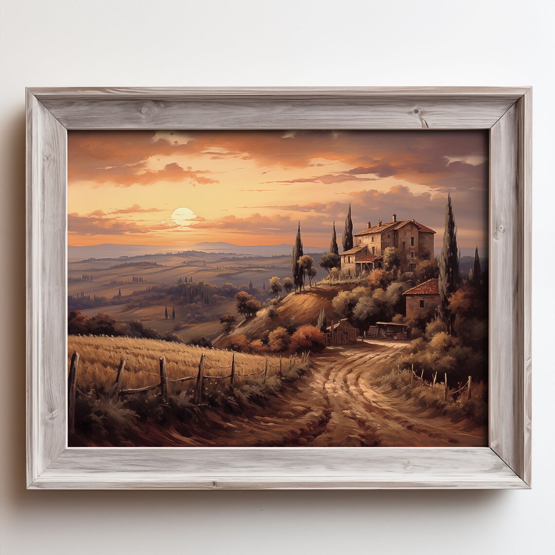 Tuscan Farmhouse Sunset Cypress Trees Golden Fields Oil Painting Poster