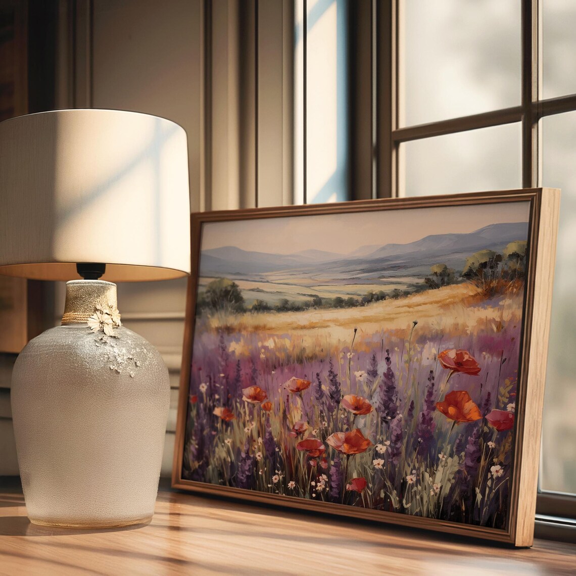 Red Poppy Purple Lavender Meadow Valley Sunset Oil Painting Poster - Image 2