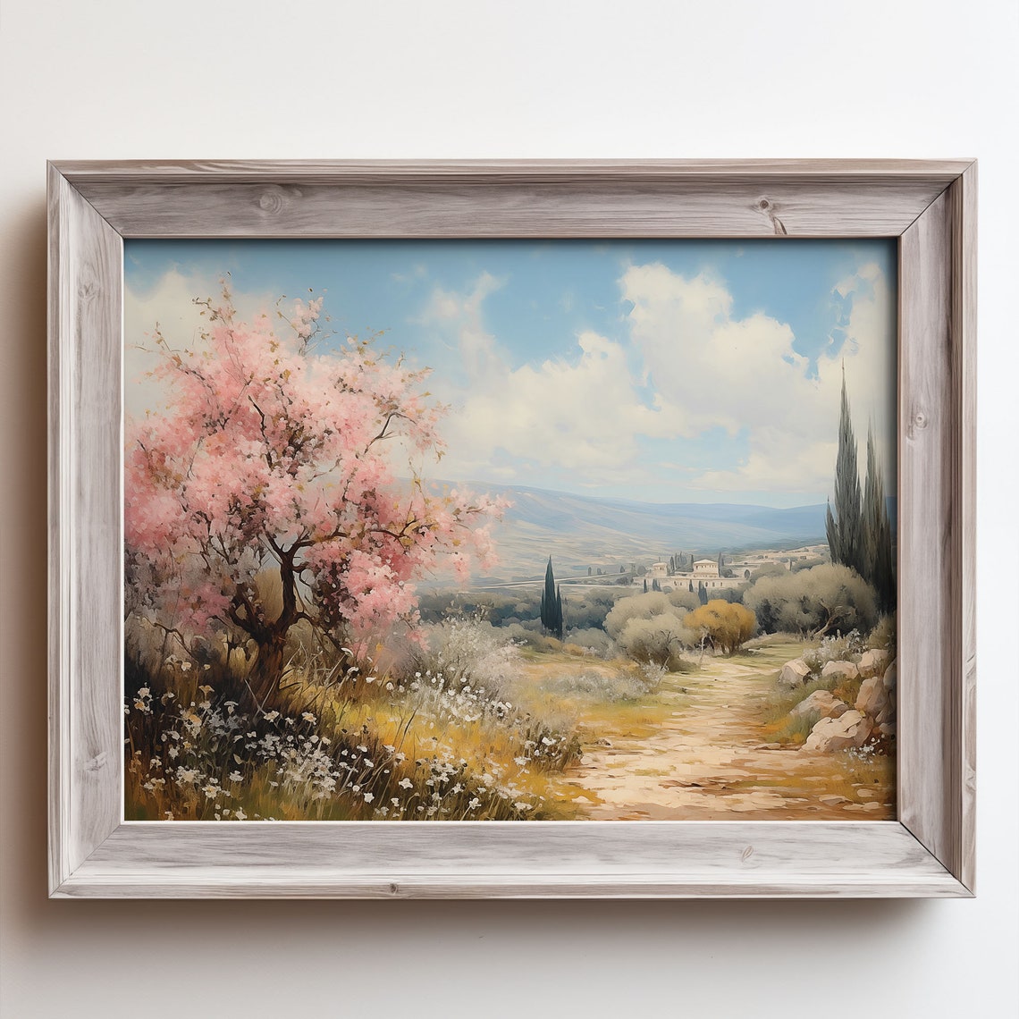 Pink Blossom Tree Over Wildflower Meadow Path Oil Painting Poster