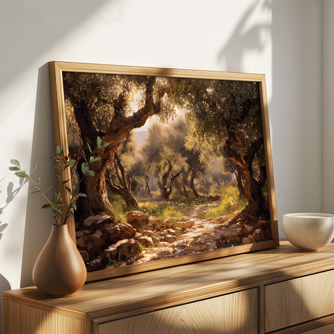 Sunlit Path Through An Ancient Olive Grove Golden Vintage Wall Art - Image 4
