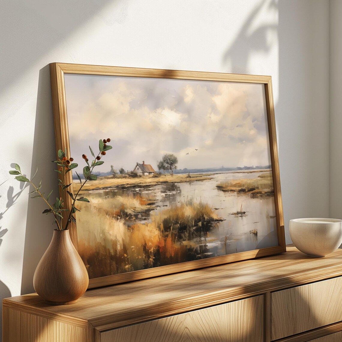 Marsh Wetlands Cottage Reeds Birds Cloudy Sky Oil Painting Poster - Image 4