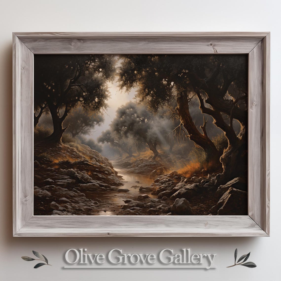 Serene Mediterranean Olive Grove Landscape Peaceful Tree Lined Path Rustic Nature Wall Art Warm Earthy Tones Decor