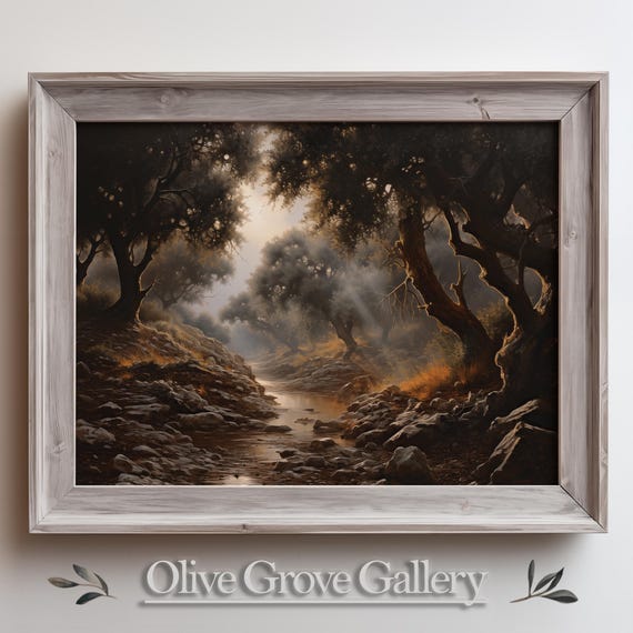 Serene Mediterranean Olive Grove Landscape Peaceful Tree Lined Path Rustic Nature Wall Art Warm Earthy Tones Decor