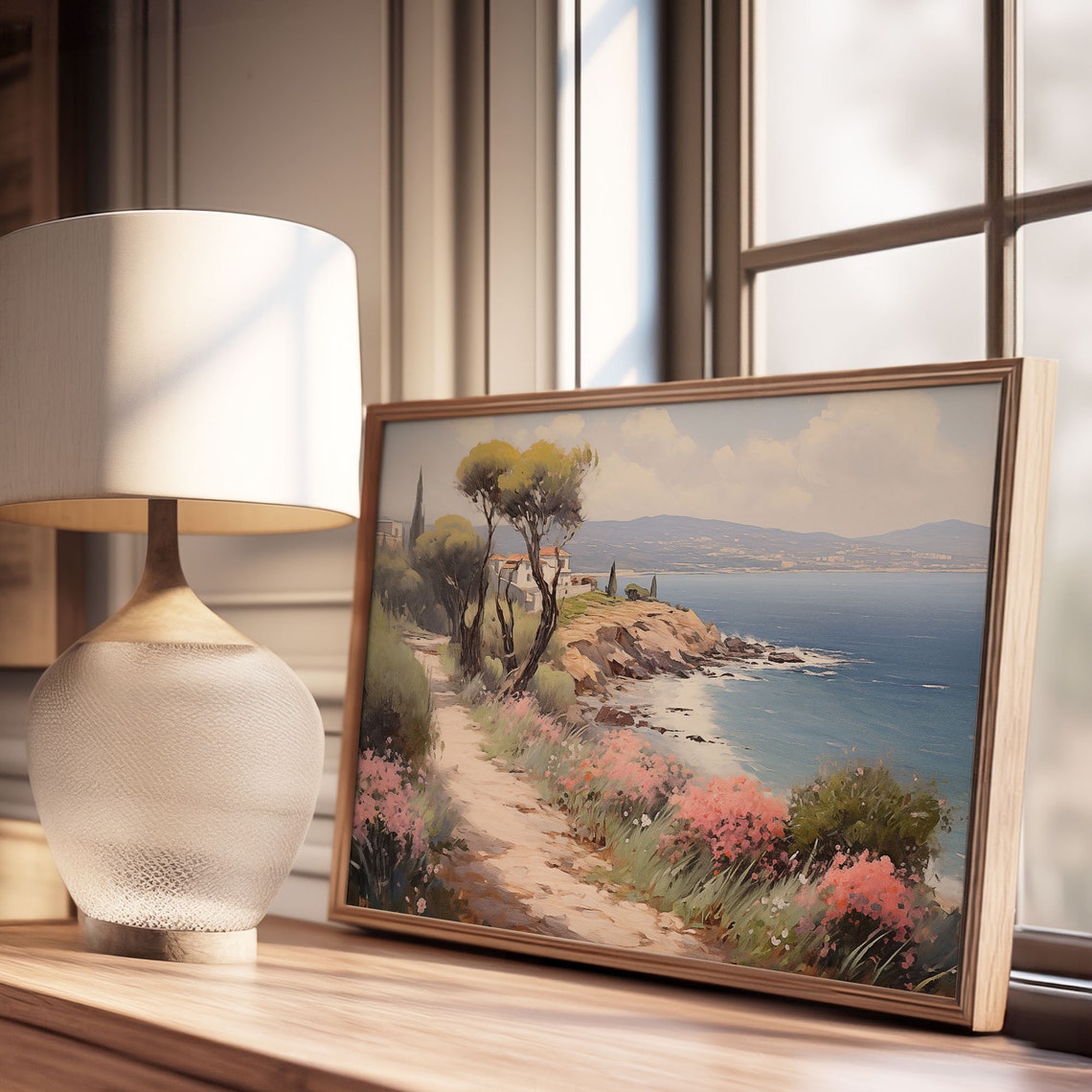 Flower Lined Cliff Path with Pine Trees and Villa Oil Painting Poster - Image 3
