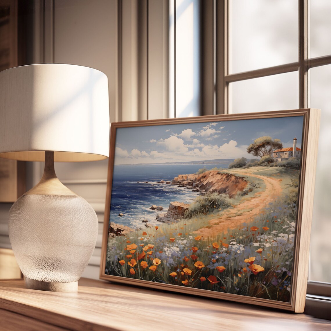 Coastal Cliff Path Orange Poppies Ocean View Vintage Painting Poster - Image 3