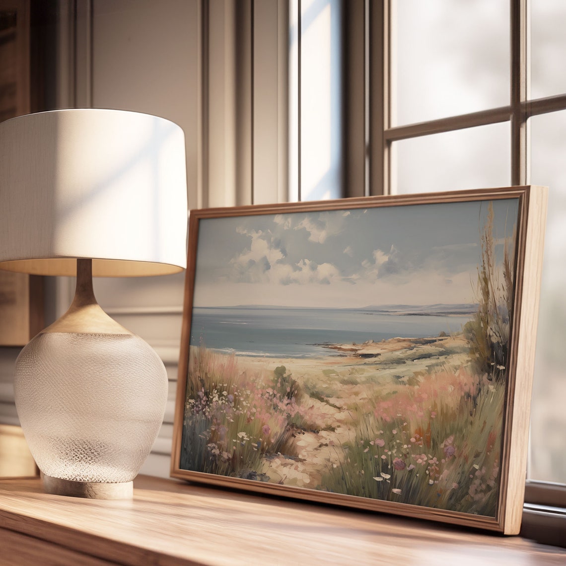 Serene Wildflower Dunes Sandy Beach Calm Sea Pastel Sky Poster - Image 3