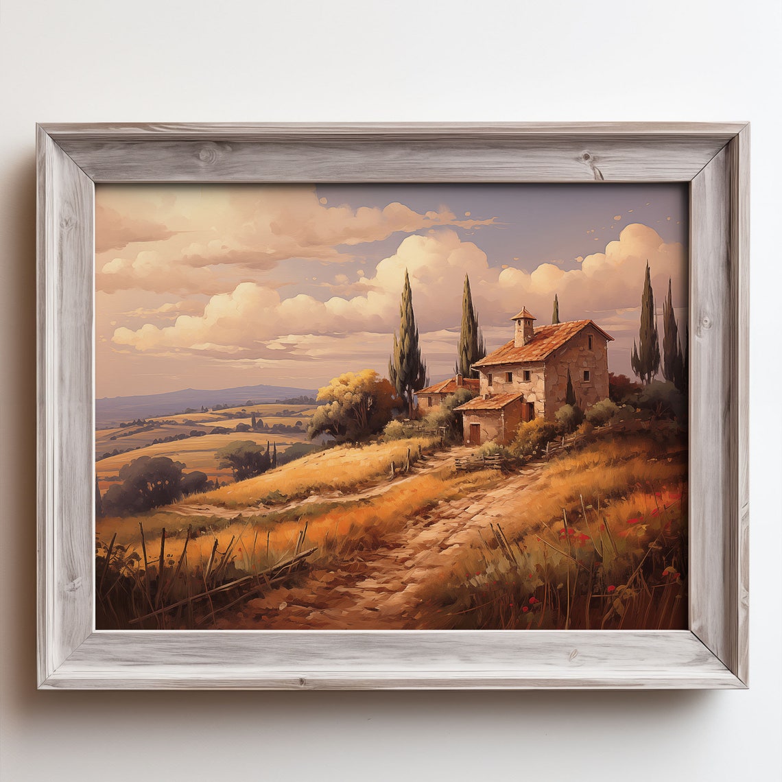 Tuscan Stone Farmhouse With Cypress Trees And Golden Fields Poster
