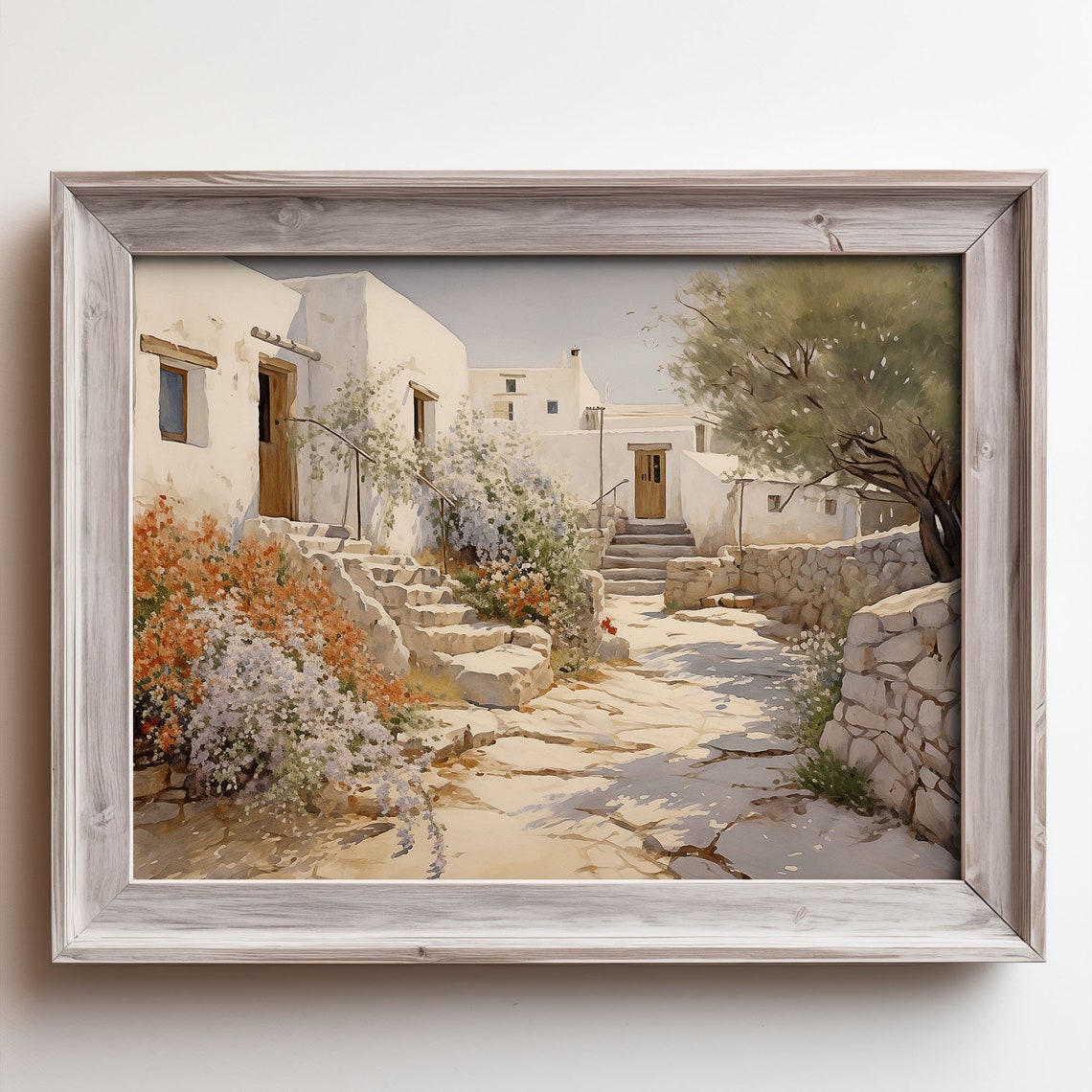 Greek Village Alley Painting Whitewashed Steps Flower Bougain Poster