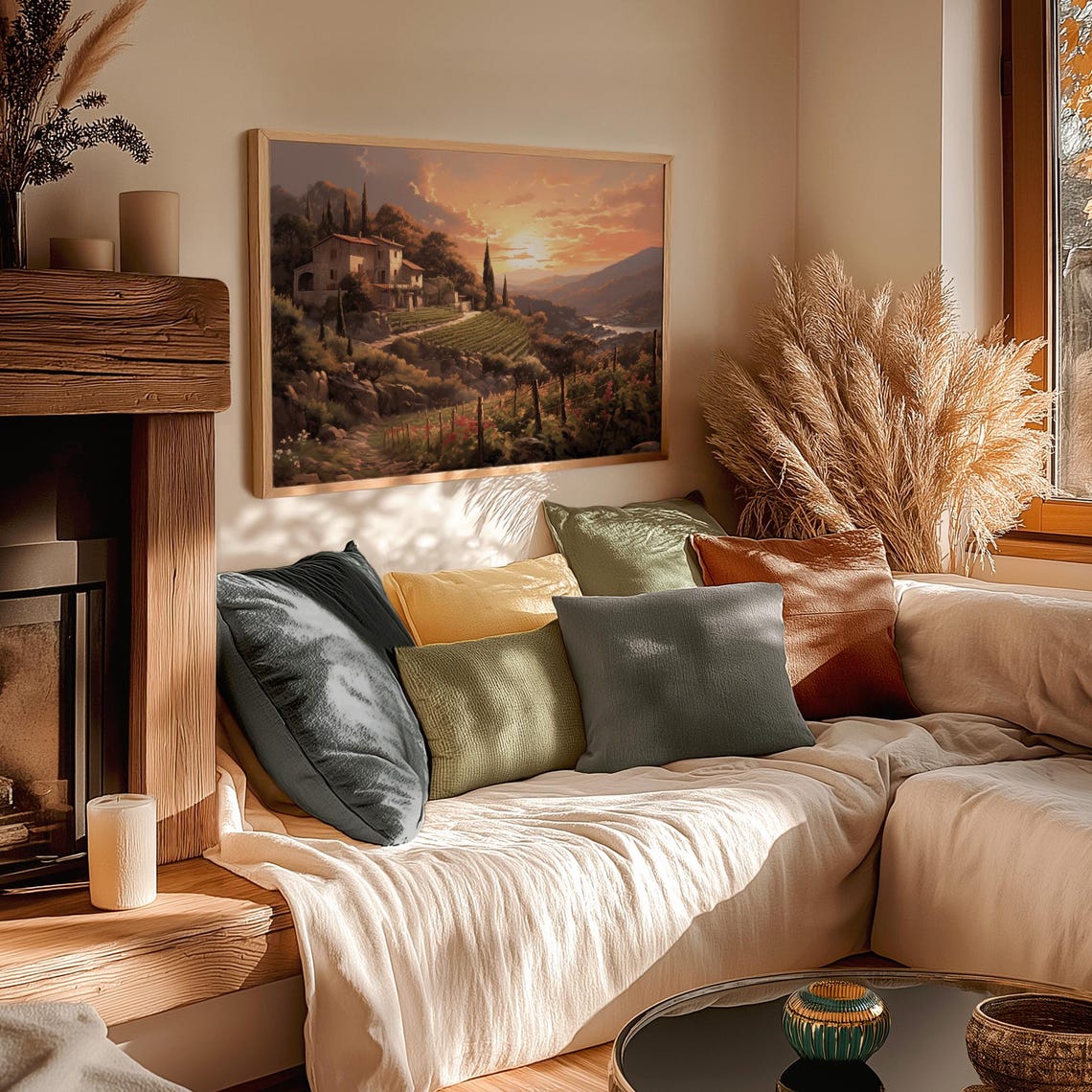 Vineyard Hillside Villa At Sunset With Grape Vines Lake View Poster - Image 3