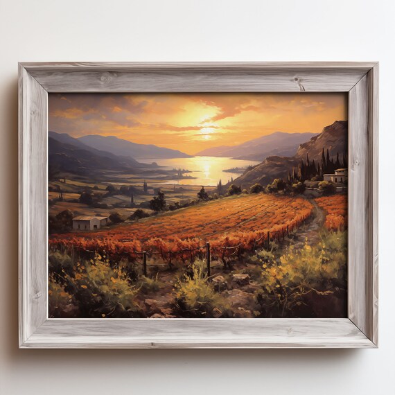 Golden Sunset Over Autumn Vineyard Valley Oil Painting Poster