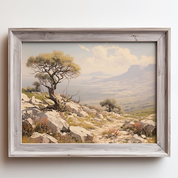 Windswept Tree on Rocky Hill Overlooking the Valley Oil Painting Poster