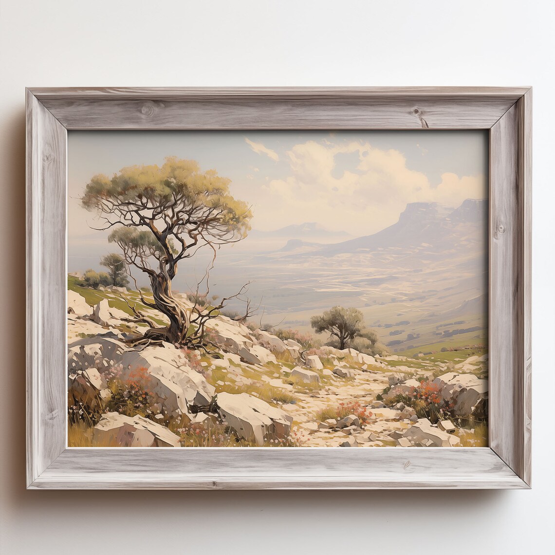 Windswept Tree on Rocky Hill Overlooking the Valley Oil Painting Poster