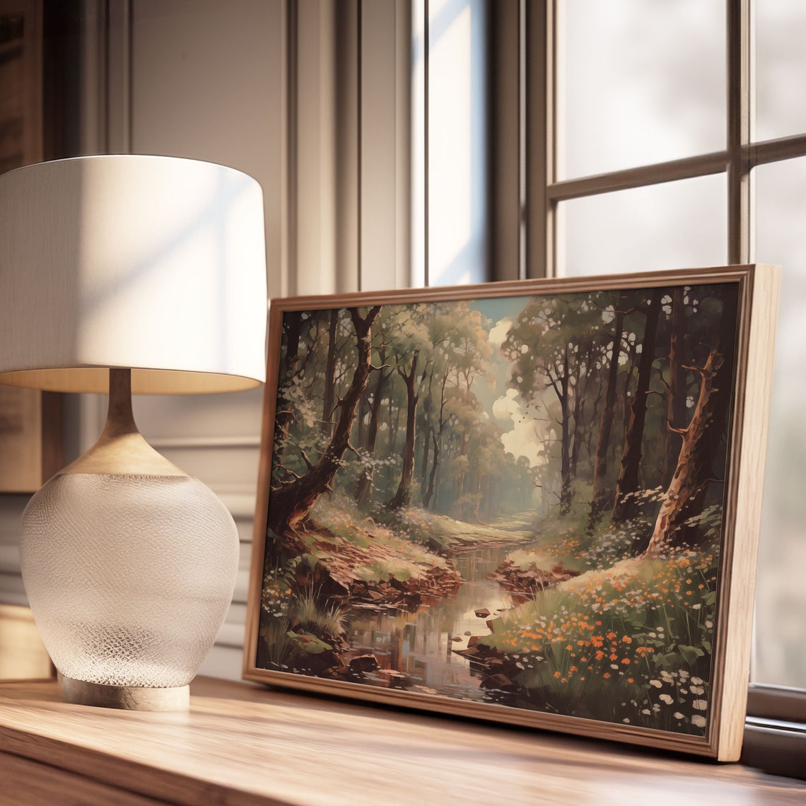 Woodland Stream With Wildflowers Dappled Sunlight Tall Trees Poster - Image 3
