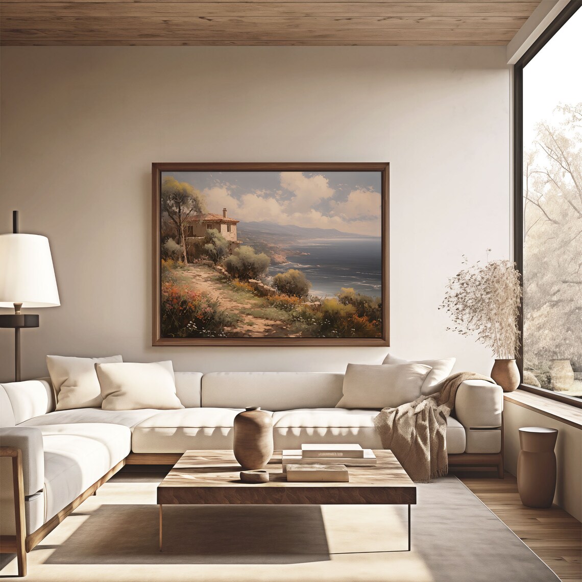 Hillside Stone Farmhouse Above the Sea Wildflowers Oil Painting Poster - Image 4