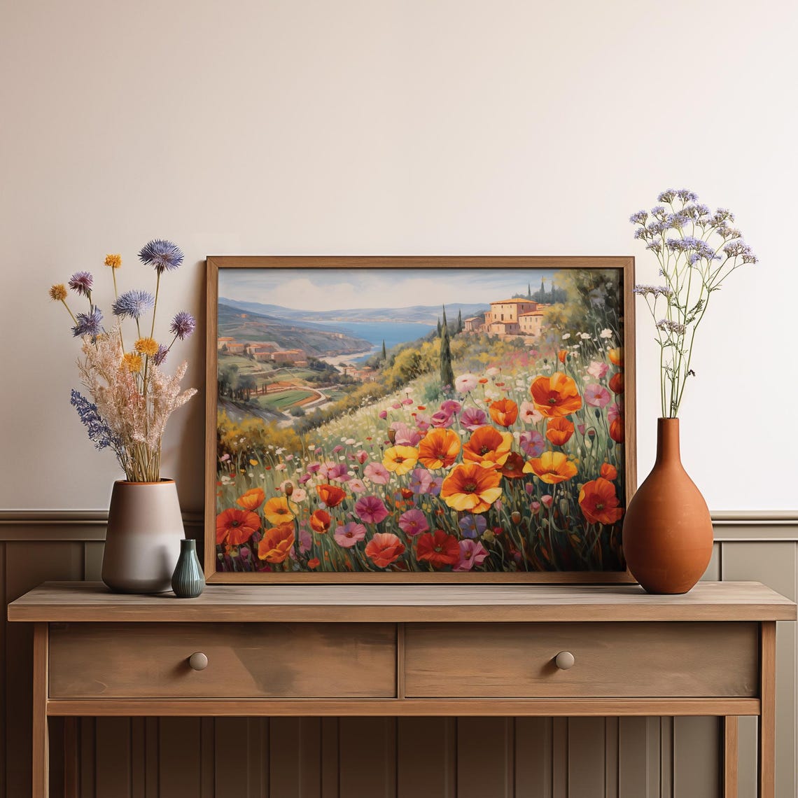 Colorful Poppy Field Italian Countryside Art Scenic Landscape Wildflowers Mediterranean Village By The Sea Nature Inspired Wall Decor - Image 3