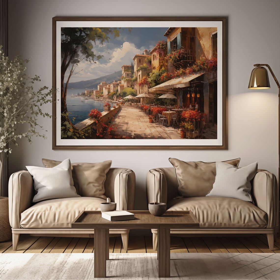 Mediterranean Seaside Village Café Promenade Oil Painting Poster - Image 2