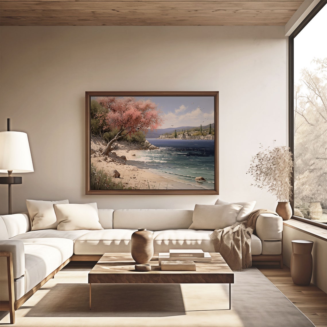 Pink Blossom Tree on Sandy Beach with Turquoise Sea Waves Poster - Image 4
