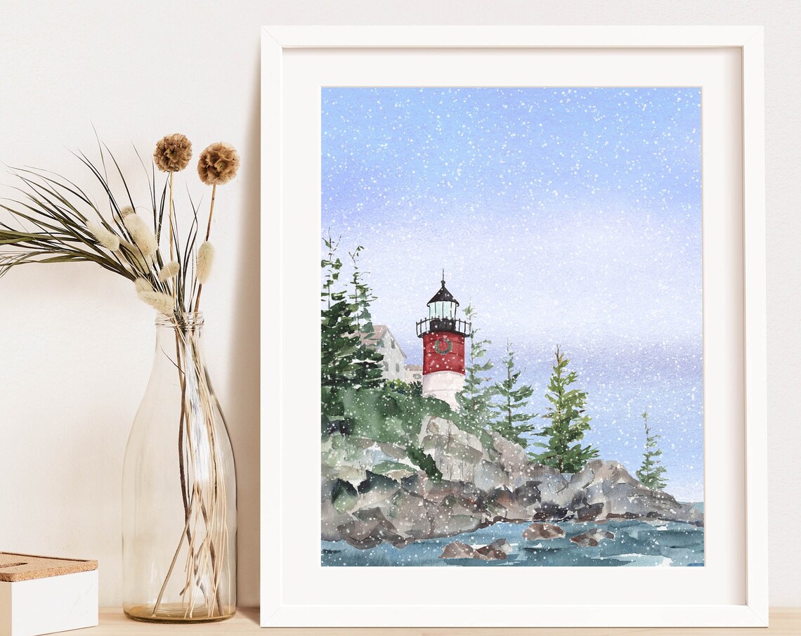 Winter Lighthouse Snowy Coastal Scene Watercolor Rocky Shore Poster - Image 4