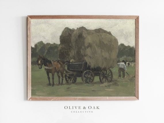 Country Landscape Hay Wagon Horse Wall Art Print