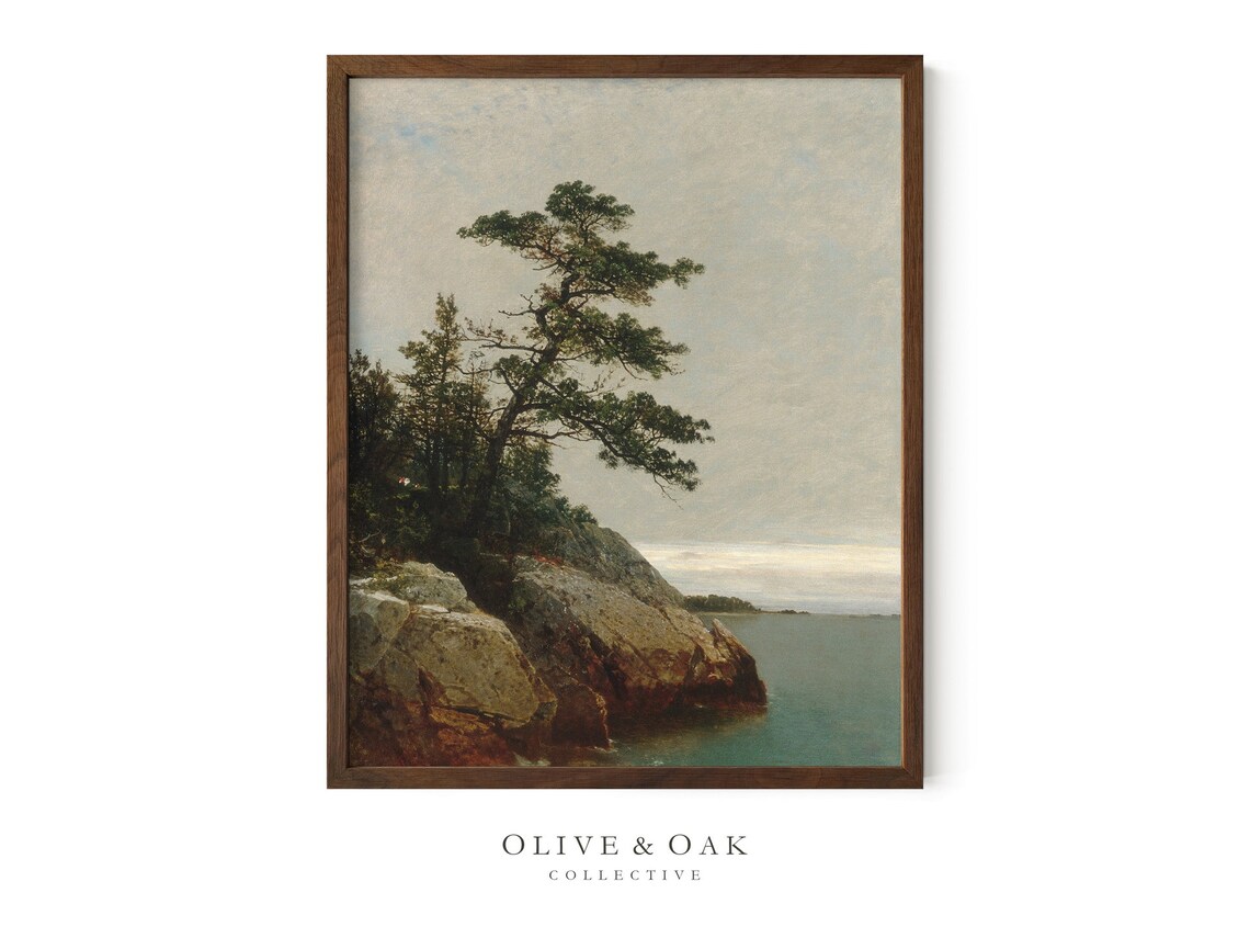 Coastal Landscape Painting, Vintage Pine Tree Rustic Decor - Image 3