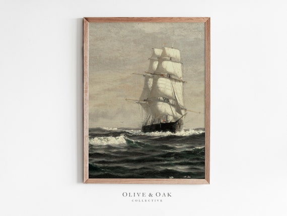 Moody Seascape Vintage Ship Art Print, Coastal Nautical