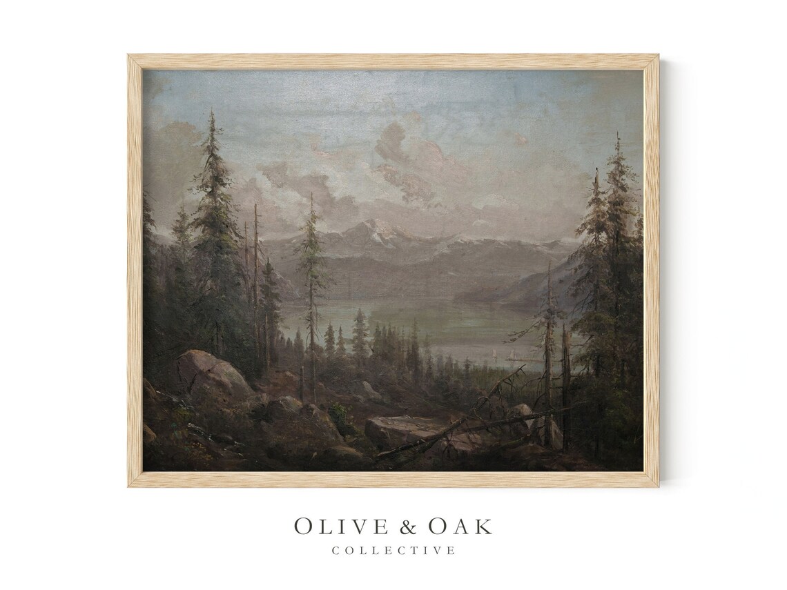 Vintage Lake Landscape, Rustic Mountain Painting - Image 4