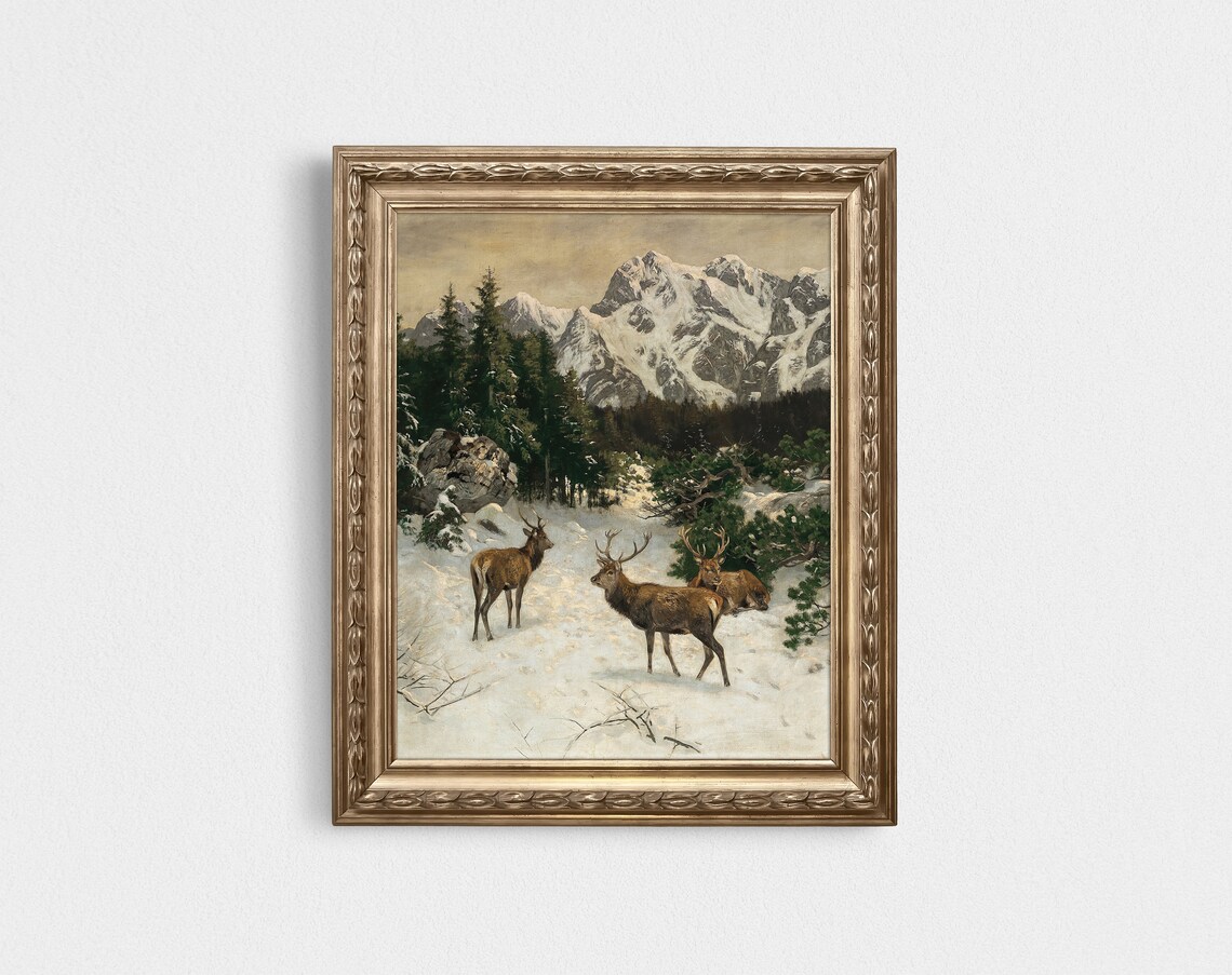 Deer Painting, Winter Snowy Mountain Art Print - Image 3