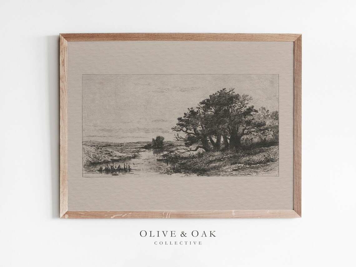 Landscape Sketch Vintage Etching Oak Tree Art Print