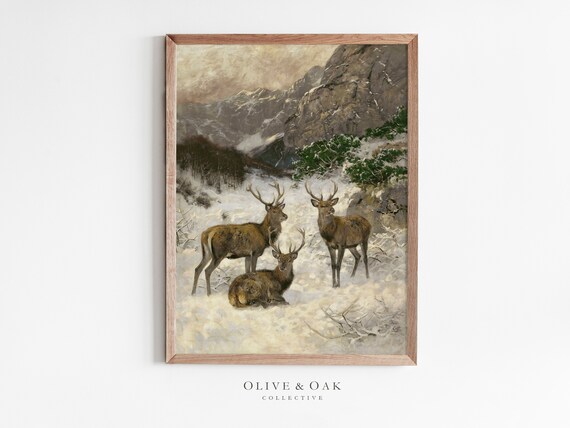 Vintage Reindeer Painting, Winter Landscape Art Print