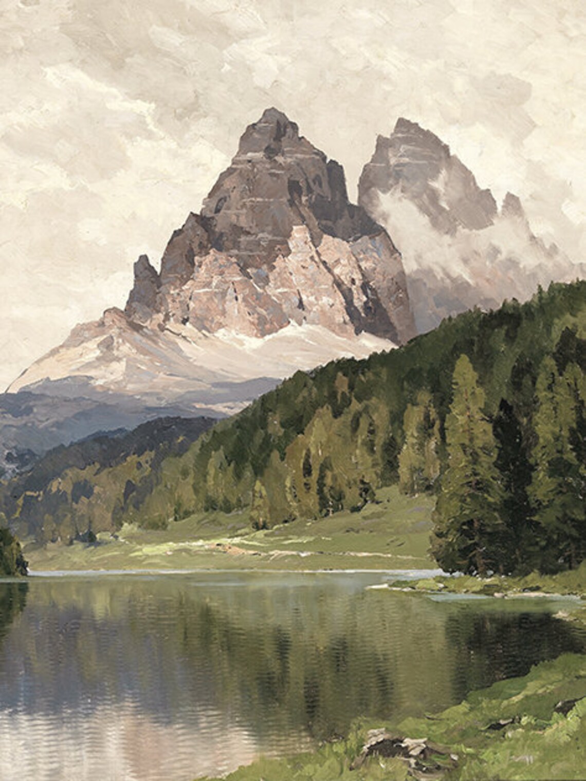 Mountain Oil-Painting Landscape Art Print, Rustic Cabin - Image 4