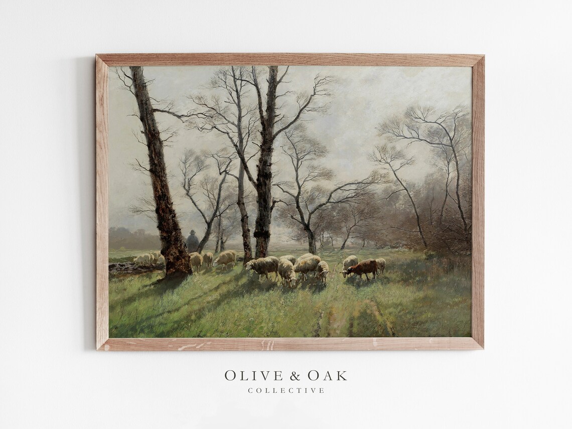 Shepherd and Sheep Rustic Farmhouse Decor Art Print