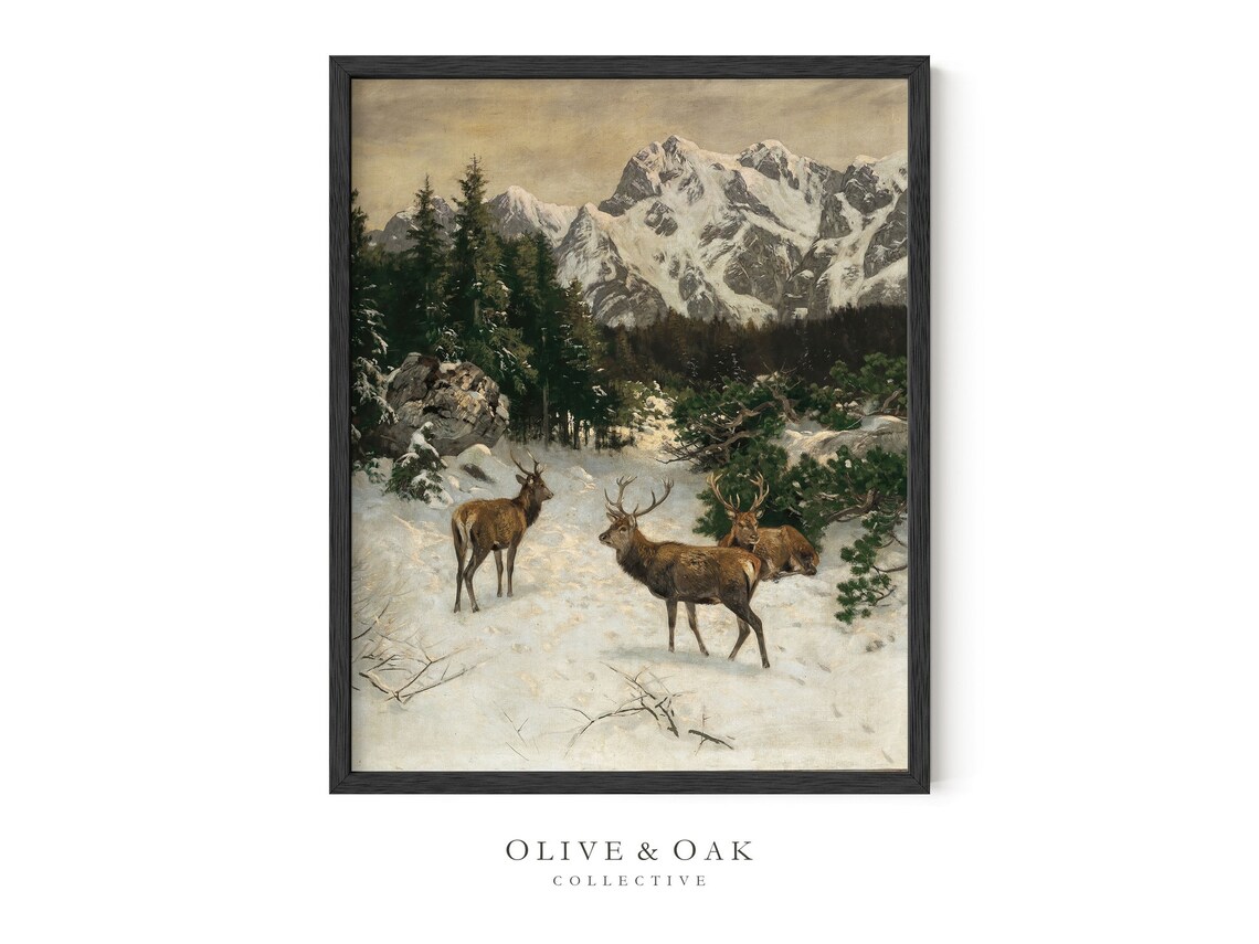 Three Stags in Snowy Mountains Vintage Winter Deer Oil Painting Poster - Image 3