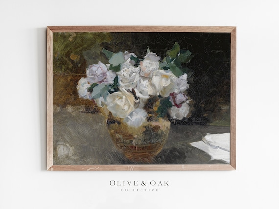 Vintage Rose Still Life, Floral Oil-Painting Print