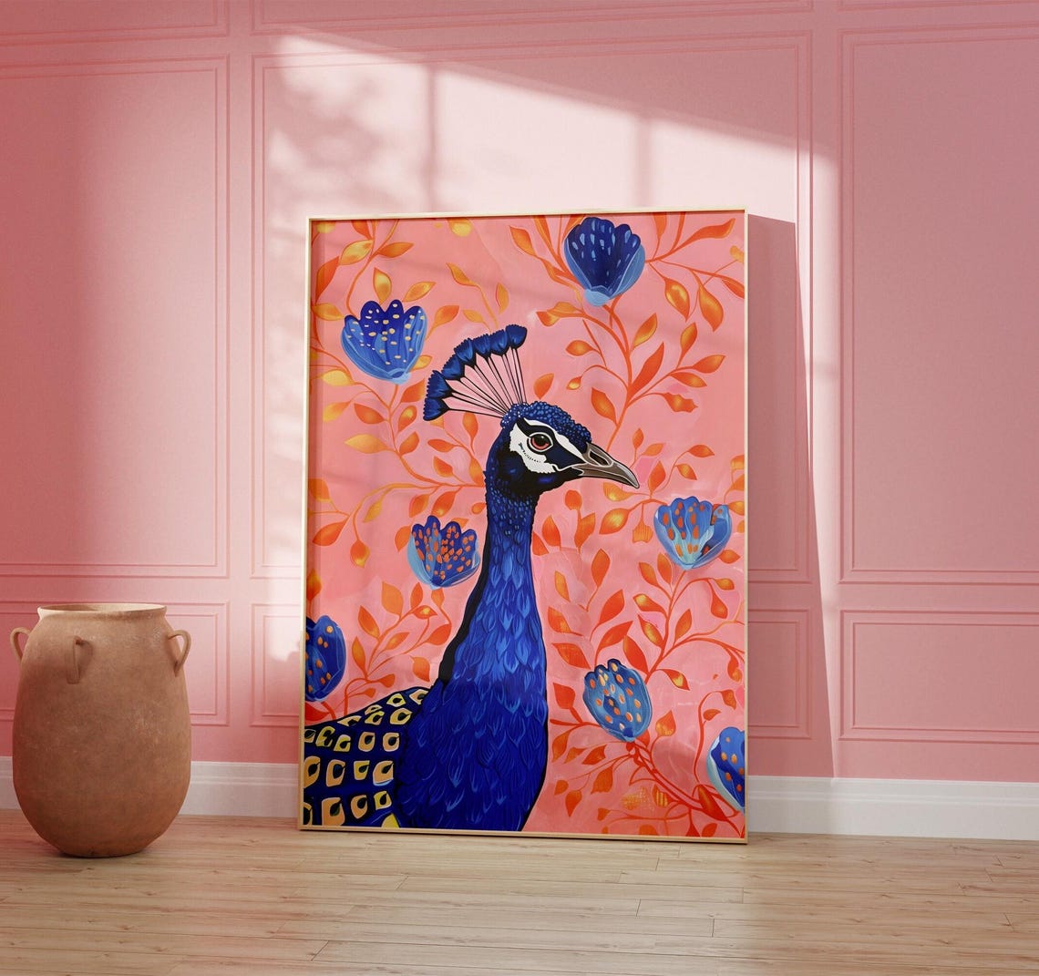 Blue Peacock Against Pink Floral Background Maximalist Bird Poster - Image 4