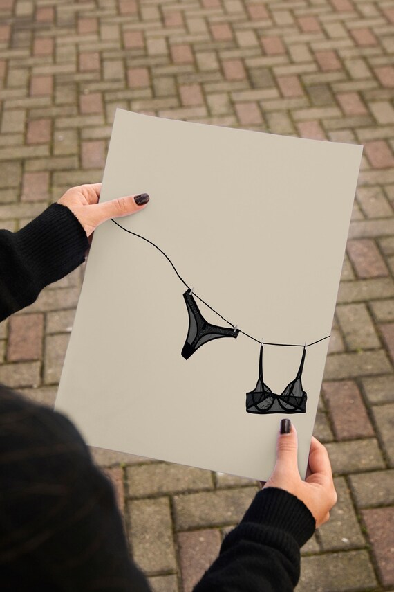 Black Lingerie Hanging On Clothesline Elegant Minimalist Line Art Poster