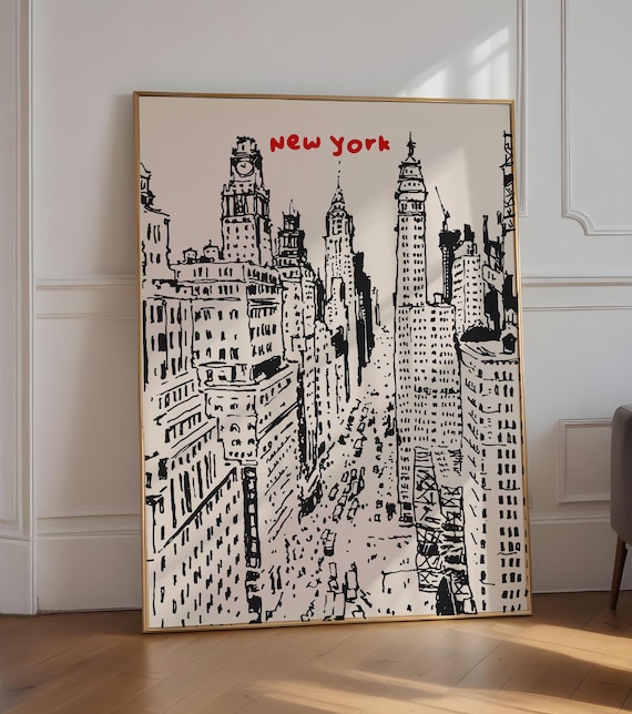New York City Hand Drawn Skyline Black Line Art Minimal Travel Poster