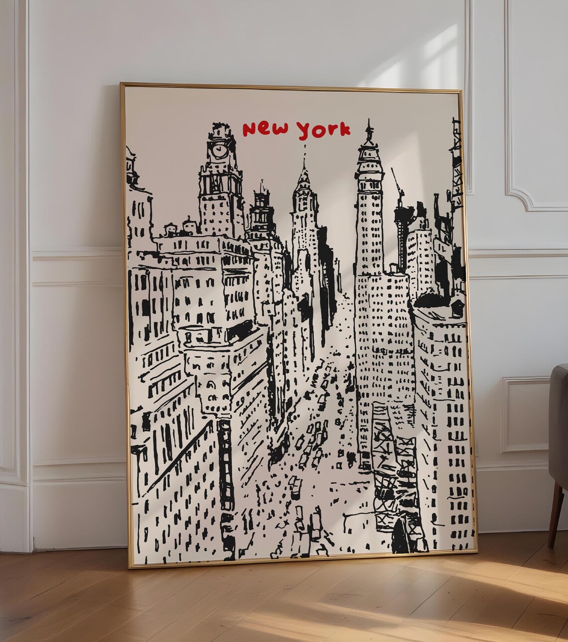 New York City Hand Drawn Skyline Black Line Art Minimal Travel Poster