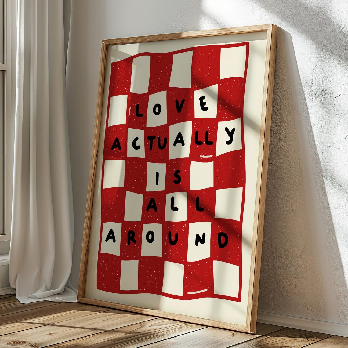 Love Actually Is All Around Red Checkered Retro Lettering Quote Poster