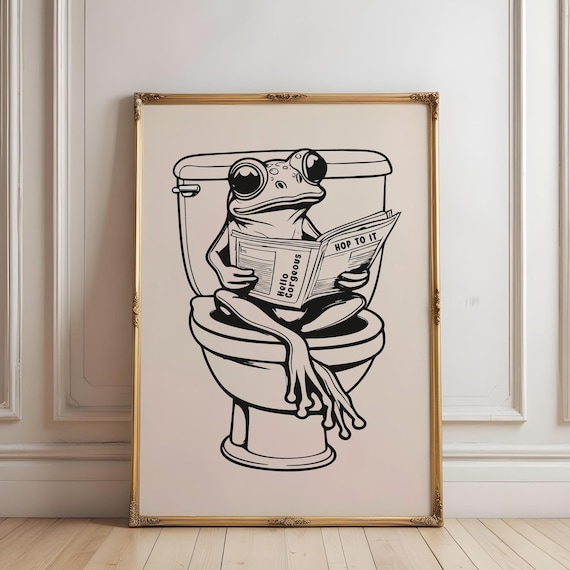 Funny Frog On Toilet Reading Newspaper Hop To It Bathroom Poster