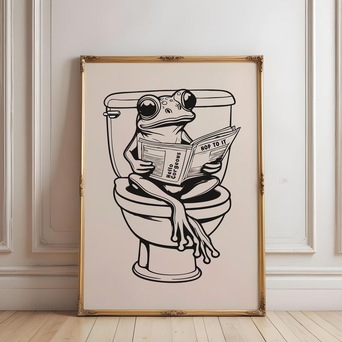 Funny Frog On Toilet Reading Newspaper Hop To It Bathroom Poster