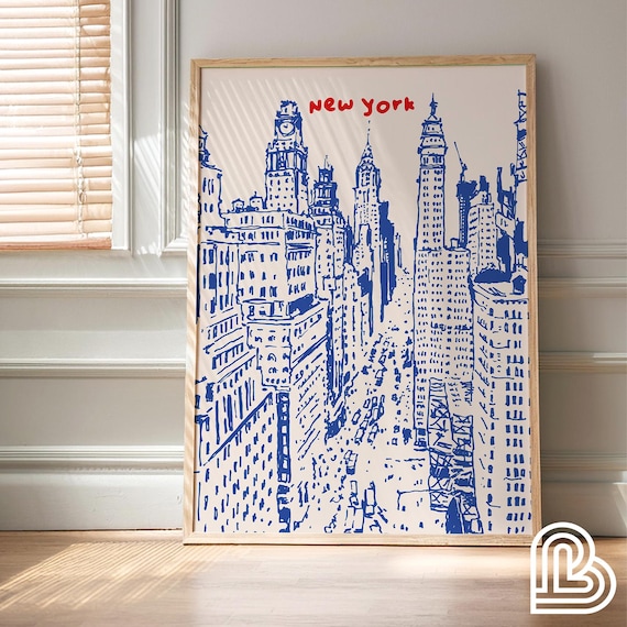 New York City Travel Print Poster, Hand-Drawn Skyline