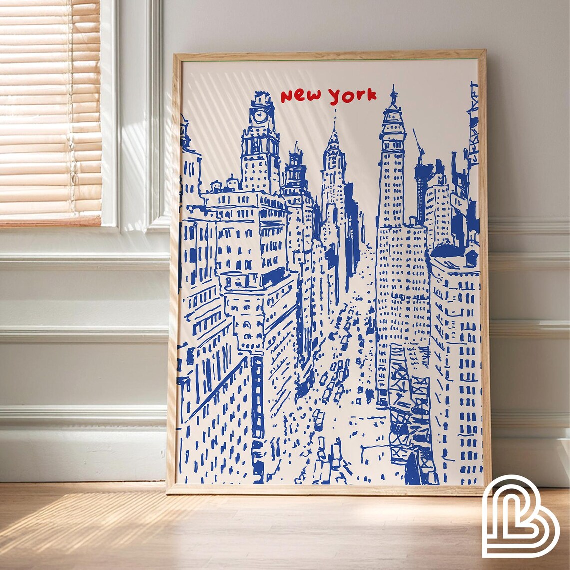 New York City Travel Print Poster, Hand-Drawn Skyline