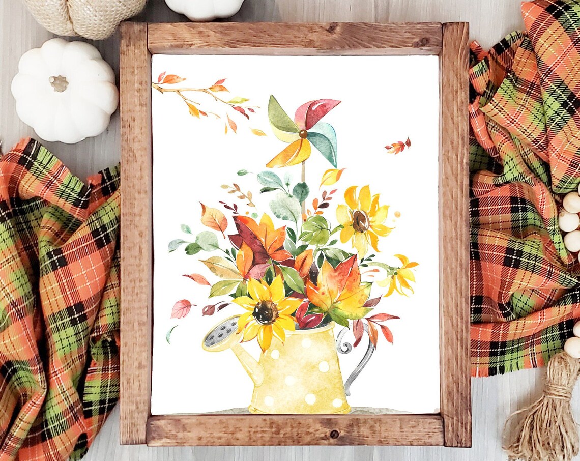 Sunflower Watering Can Autumn Leaves Pinwheel Fall Art Print