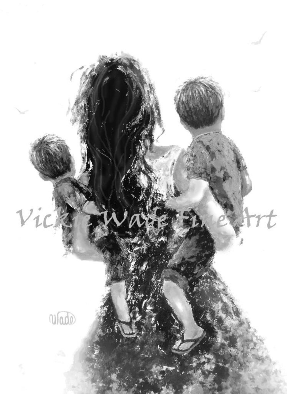 Mother Carrying Two Little Sons In Black And White Art Poster
