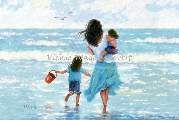Beach Mother Two Daughters Art Print Two Beach Sisters Two Beach Girls Jumping In Ocean Waves Playing In Surf Vickie Wade Art