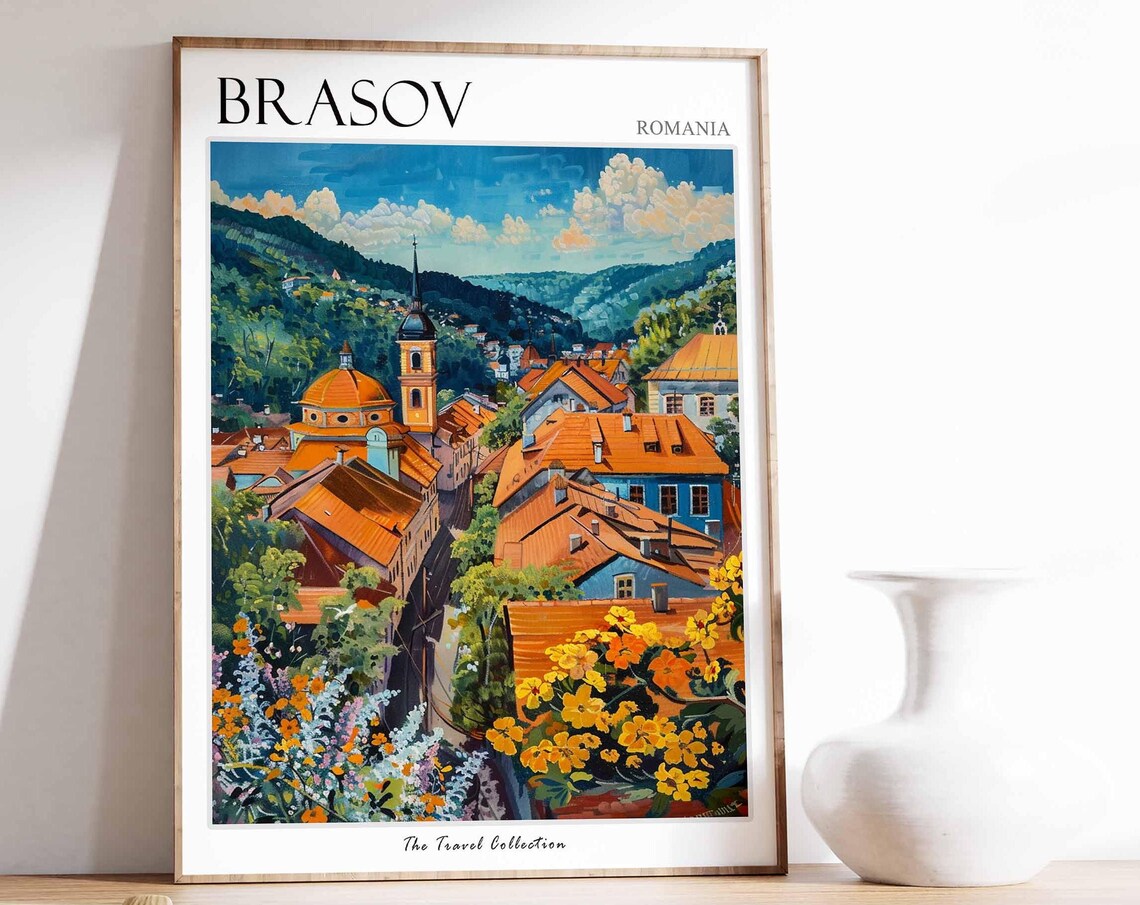 Braov Romania Travel Poster, Carpathian Mountains City
