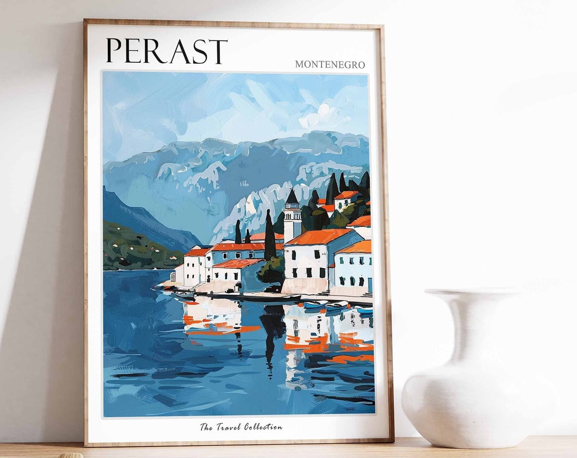 Perast Montenegro Village Water Reflection Mountain View Poster